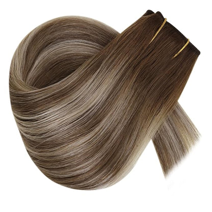 RUNATURE Invisible Wire Hair Extensions Real Human Hair, Hidden Fish Line Hair Extensions, Soft Remy Human Hairpieces, Add Volume 14 Inch 70g #3/8/22 Walnut Brown to Light Brown with Light Blonde