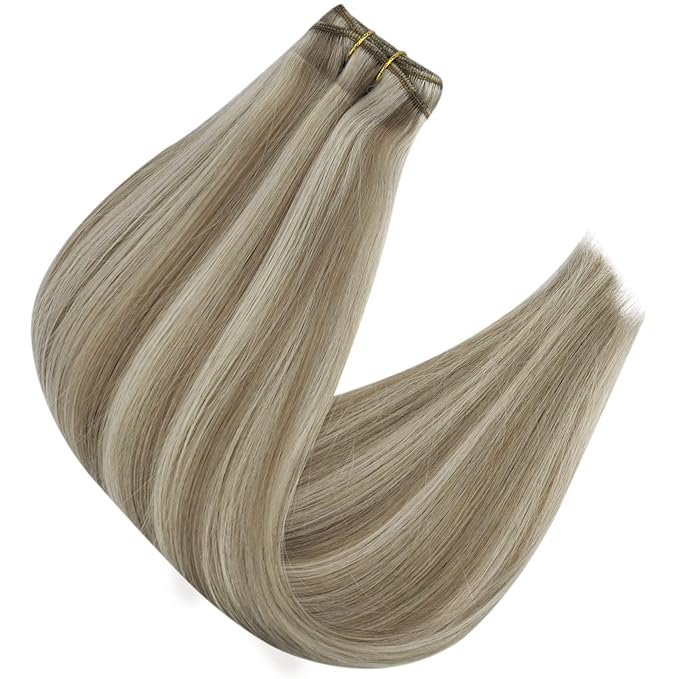 Full Shine Sew In Hair Extensions Real Human Hair Weft Hair Extensions Remy Straight Hair Weft Extensions Color Ash Brown Highlight Blonde Machine Tied Weft Extensions 12 Inch 80G