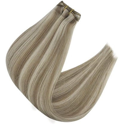 Full Shine Sew In Hair Extensions Real Human Hair Weft Hair Extensions Remy Straight Hair Weft Extensions Color Ash Brown Highlight Blonde Machine Tied Weft Extensions 12 Inch 80G