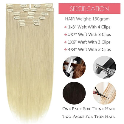 Loxxy Real Hair Extensions - Invisible 16Inch 7Pcs 130G Platinum Blonde Seamless Clip in Hair Extensions Human Hair Silky Straight PU Clip ins For Women