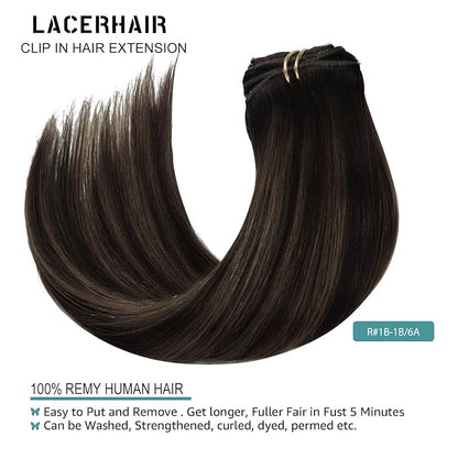 Lacer Clip in Hair Extensions Real Human Hair Balayage Natural Black to Medium Brown Highlight Remy Human Hair Extensions Clip ins for Women 14 Inch 120g 7Pcs Natural Human Hair