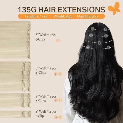 DOORES Human Hair Extensions Clip in, Platinum Blonde 135g 7pcs 16 Inch, Remy Clip in Hair Extensions Extensions for Women Natural Thick Weft