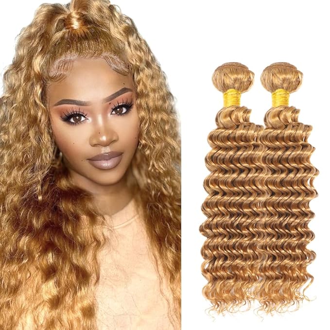 #27 Honey Blonde Bundles Deep Wave Human Hair Bundles 16 18 Inch Unprocessed Brazilian Virgin Hair Weave 2 Bundles Blonde Deep Wave Human Hair Extensions