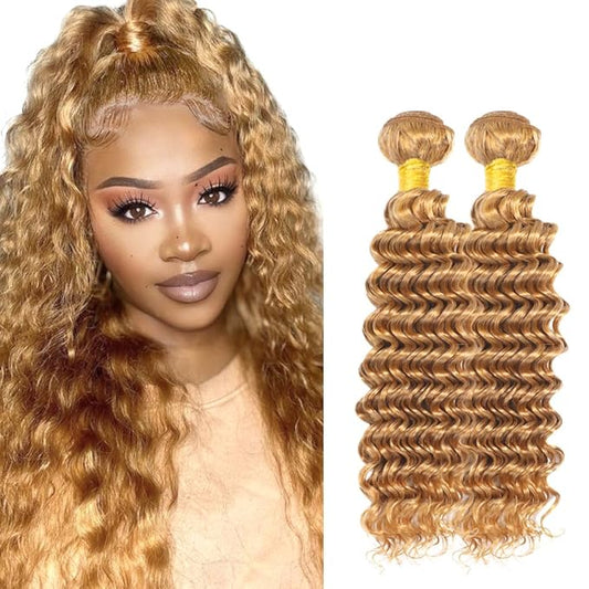 #27 Honey Blonde Bundles Deep Wave Human Hair Bundles 16 18 Inch Unprocessed Brazilian Virgin Hair Weave 2 Bundles Blonde Deep Wave Human Hair Extensions