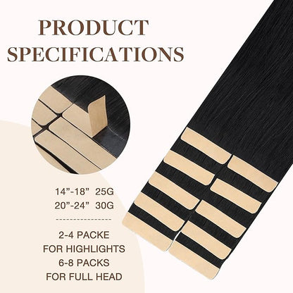 GOO GOO Tape in Hair Extensions Human Hair, 1 Jet black, 20inch 30g 10pcs, Skin Weft Seamless Invisible, Silky Straight with Thick Ends, Remy Human Hair