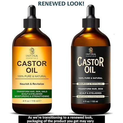 Pure Cold Pressed Hexane-Free Castor Oil - Glass Bottle for Hair Growth, Face, Scalp, Skin & Eyelashes - Nourishing & Moisturizing - 4 fl oz