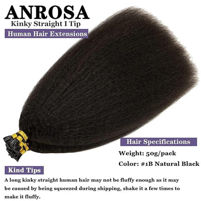 Anrosa I Tip Hair Extensions Human Hair Kinky Straight 12Inch Natural Black Hair Extensions Itip Extensions Human Hair Keratin Fusion Stick Kinky Straight I Tip Hair For Black Women Full Head 40g