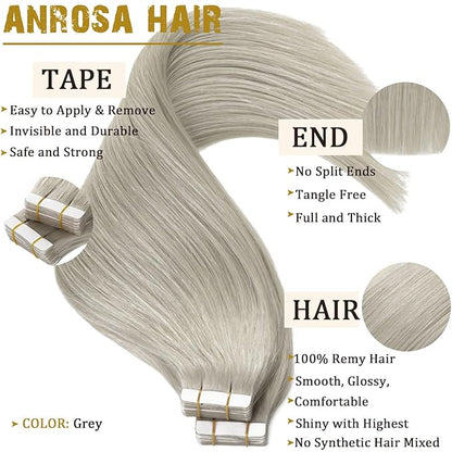 Anrosa Tape in Hair Extensions - Silky Grey Human Hair, Thick End Seamless Invisible for Women - 12 Inch, 50 Gram, 20pcs