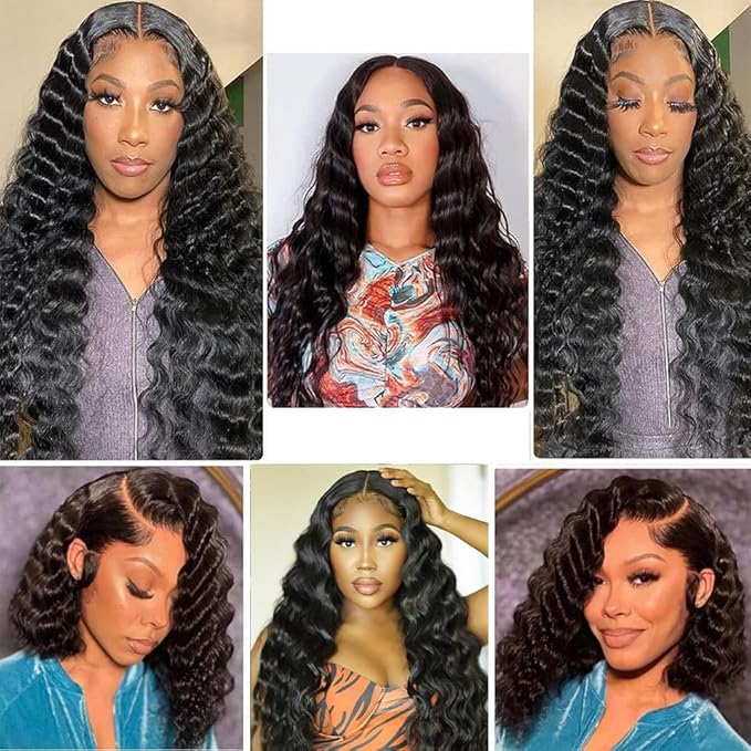 Color 1B Human Hair Bundles Natural Black Deep Wave Hair Extensions Grade 8A Brazilian Virgin Remy 3 Bundles 22 24 26 Inch Double Weft Real Hair Weave