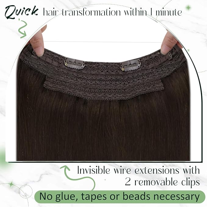 RUNATURE Wire Hair Extensions Real Human Hair, Invisible Fish Line Hair Extensions Straight Brown Hair, Natural Look for Daily Wearing, 20 Inch 100g #2 Dark Brown