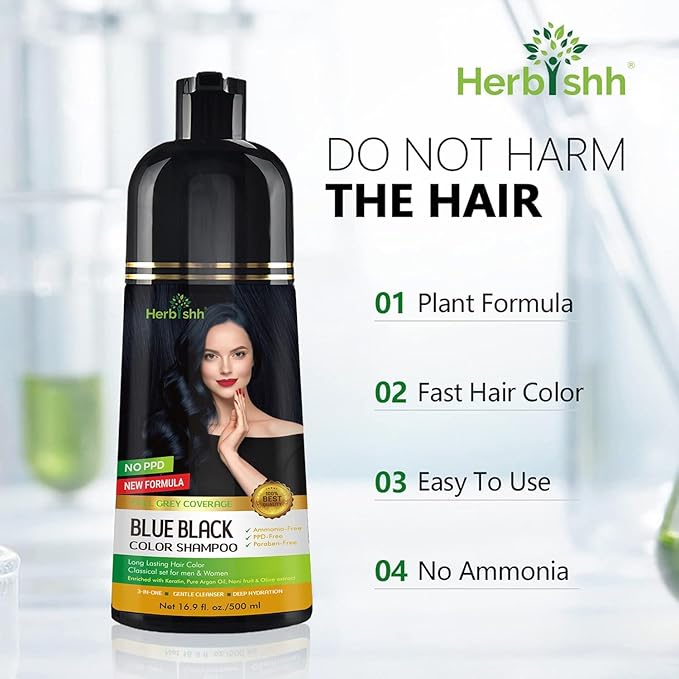 Combo Pack-2pcs Herbishh Hair Color Shampoo for Gray Hair+ 1pc Argan Intense Hair Mask- Hair Dye Shampoo – Colors Hair in Minutes – Long-lasting color– 500 Ml –Stimulates Dry Frizzy Hair (Blue Black)