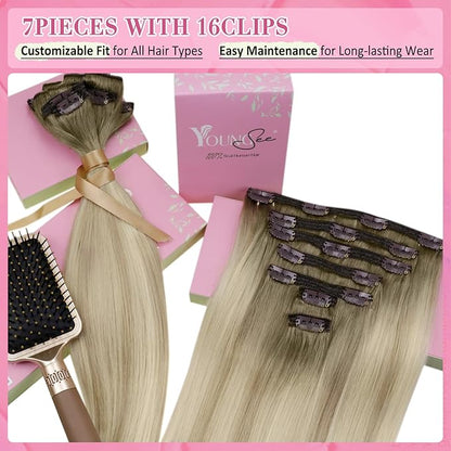 YoungSee 150g Clip in Hair Extensions Real Human Hair Ombre Blonde Clip in Extensions Light Ash Brown to Platinum Blonde Hair Extensions Clips in for Women 20Inch 7Pcs