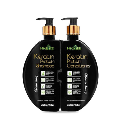 Herbishh Keratin Shampoo and Conditioner Set - Hydrating Shampoo & Nourishing Conditioner for Dry Damaged Hair - Sulfate Free - Plant Based - Set of 2