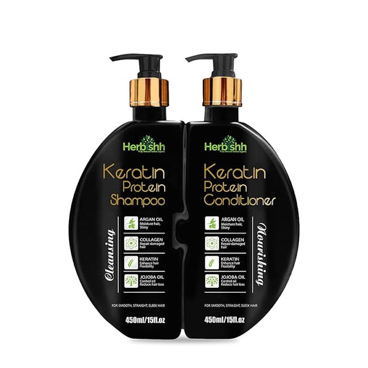 Herbishh Keratin Shampoo and Conditioner Set - Hydrating Shampoo & Nourishing Conditioner for Dry Damaged Hair - Sulfate Free - Plant Based - Set of 2