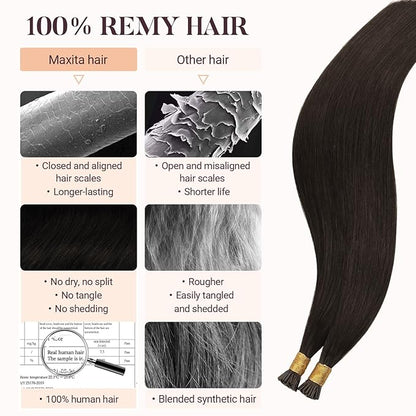 MAXITA I Tip Hair Extensions Human Hair,Dark Brown 100g/50s 18 Inch, Comfortable Wear, 100% Remy Human Hair, Real Human Itip Keratin Hair Extensions