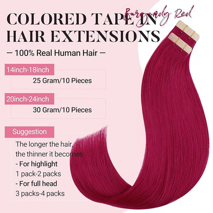 MAXITA Tape in Hair Extensions Human Hair Burgundy Red Tape in Extensions 10pcs 30g 20 Inch Colored Invisible Real Human Hair Extension Soft Straight Wine Red Glue in Hair Burgundy Hair Extensions