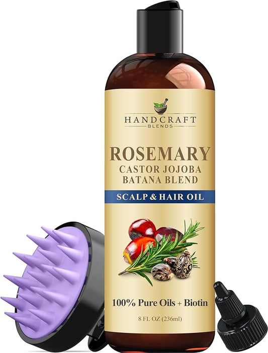 Handcraft Blends Rosemary Oil for Hair Growth with Scalp Massager – 8 Fl Oz – Nourishing Hair Oil – Made with 100% Pure and Natural Rosemary, Castor, Jojoba, and Batana Oils & Biotin