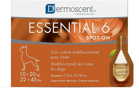 Dermoscent Essential 6 spot-on - Dog Skin Care for Dandruff & Allergy Relief with Vitamin E Oil - Anti Itch for Dogs - Natural Ingredients for Sensitive Skin - Dogs 10-20 kg - 4 Pipettes of 1.2 ml