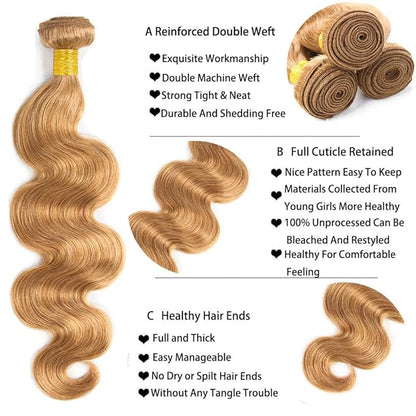 #27 Blonde Bundles Human Hair Body Wave Bundles 28 30 32 Inch Unprocessed Brazilian Virgin Hair Weave 3 Bundle Honey Blonde Human Hair Extensions 50 Grams Per Bundle