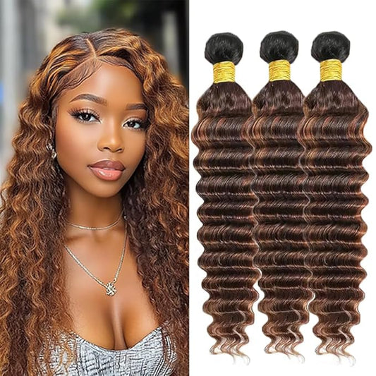 Ombre Deep Curly Bundles Human Hair P430 Highlight Brown and Light Brown two tone Double Weft Brazilian Human Hair Soft and Silky for Black Women 18 20 22 Inch