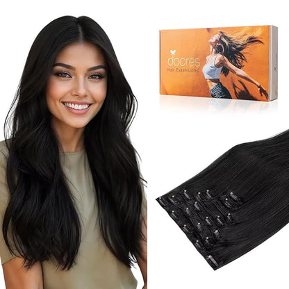 DOORES Human Hair Extensions, Jet Black 135g 7pcs 16 Inch, Remy Silky Clip in Extensions Real Human Hair for Girl Straight Thick Weft