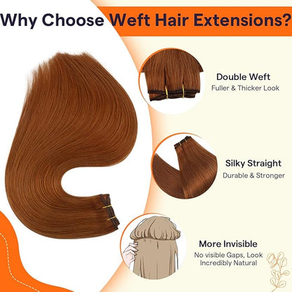 Full Shine Copper Hair Extensions Sew In Hair Extensions Real Human Hair For Women Color Copper Brown Double Weft Extensions Remy Straight Hair Invisible Sew In Extensions 14 Inch 100G