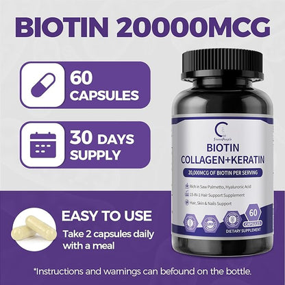GPGP GreenPeople Biotin | Collagen | Keratin - Hair Growth biotin 20000MCG-Hair, Skin & Nails with Multivitamins & Minerals for Men & Women - 60 Capsules