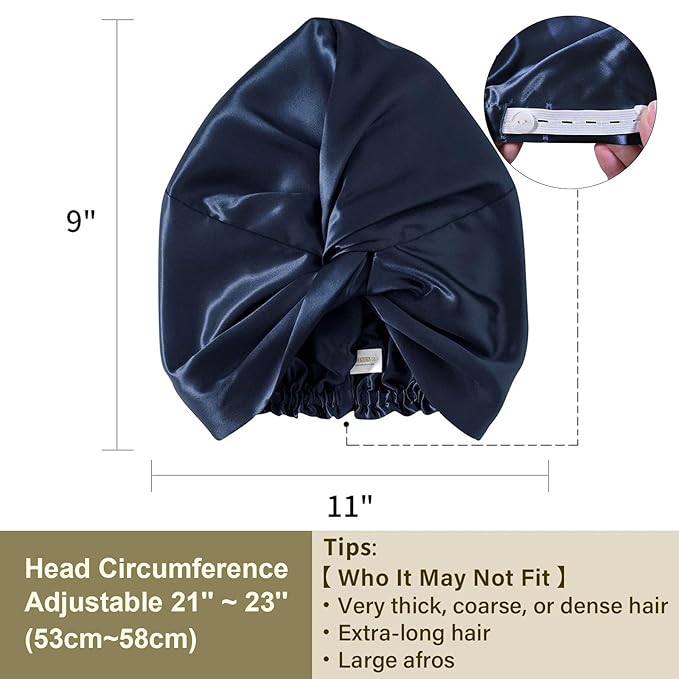 ZIMASILK 22 Momme Adjustable 100% Mulberry Silk Bonnet for Sleeping Women, Silk Hair Wrap for Hair Protection, That Reduces Falling off (1Pc, Navy Blue)