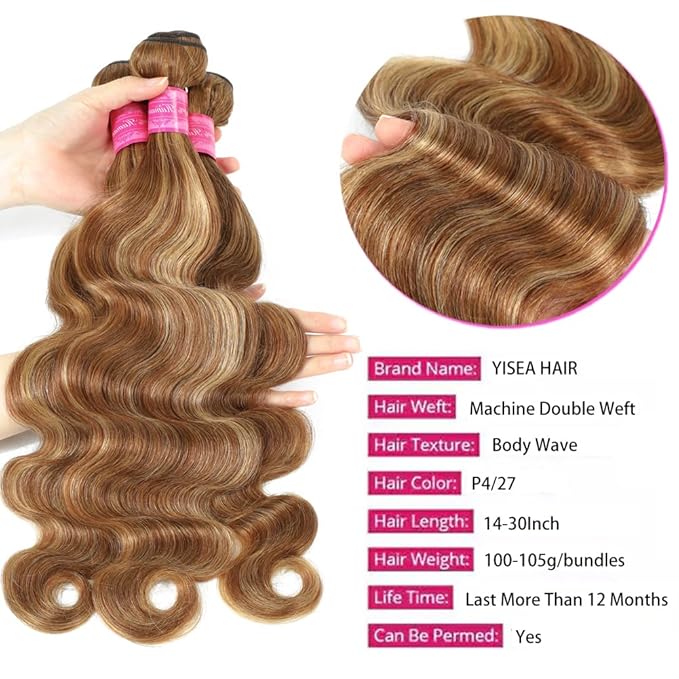 YISEA Ombre P4/27 Body Wave Bundles Human Hair （22 24 26 28 inch） 12A Highlight Dark Brown with Honey Blonde Mix Human Hair Body Wave Bundles Sew-In for Black Women Silky and Soft