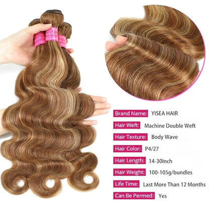 YISEA Ombre P4/27 Body Wave Bundles Human Hair （22 24 26 28 inch） 12A Highlight Dark Brown with Honey Blonde Mix Human Hair Body Wave Bundles Sew-In for Black Women Silky and Soft