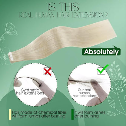 RUNATURE Human Hair Tape in Extensions 16 Inch Platinum Blonde Remy Hair Tape in Extensions Straight Full Ends Glue in Hair Extensions Invisible Tape on Human Hair Extensions Silky 50g 20 Picec
