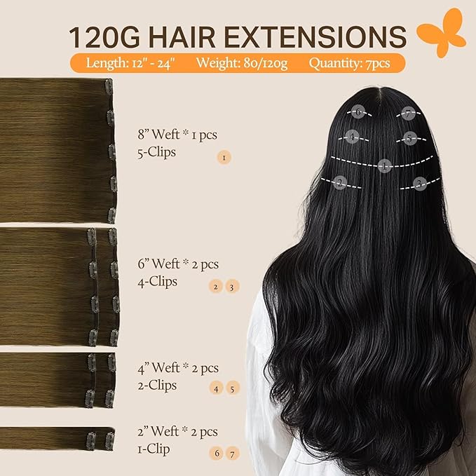 DOORES Hair Extensions Clip in, Chocolate Dip Color Melt 14 Inch 7pcs 100g, Silky Clip in Human Hair Extensions Real Natural Straight Weft