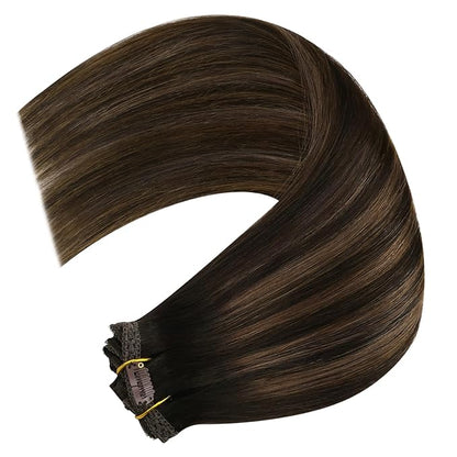YoungSee 150G Clip in Human Hair Extension Balayage Hair Extensions Clip ins Dark Brown Mix Medium Brown Highlights Brown Balayage Thick Human Hair Clip in Extensions with Natural Shine 22Inch 7Pcs