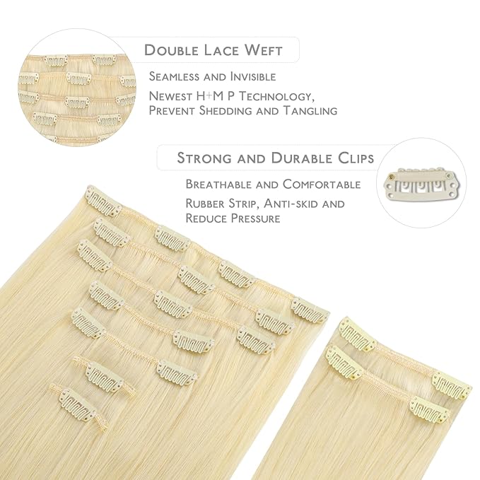 WENNALIFE Clip in Hair Extensions, 150g 14 Inch 9pcs Bleach Blonde Human Hair Extensions Thicker Clip in Hair Extensions Real Human Hair Clip Set Double Weft
