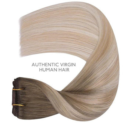 WENNALIFE Clip in Hair Extensions Real Human Hair, 18 Inch g 7pcs Balayage Sandy Brown to Platinum Blonde Remy Hair Straight Natural Extensiones De Cabello Humano Con Clip Ins