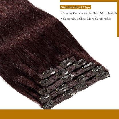 Loxxy Hair Extensions Seamless Clip in Human Hair 9A Grade Brazilian Human Hair Extension Silky Straight Natural Hair Extensions Clip in Full Head Human Hair Red Wine #99J 7pcs 16 Clips 16Inch 120G