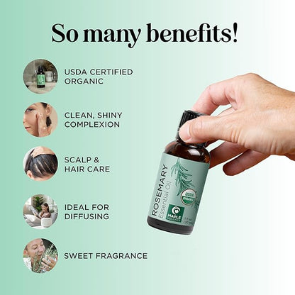 Certified Organic Rosemary Oil for Hair - Pure USDA Organic Rosemary Essential Oil for Hair Skin and Nails Plus Aromatherapy - Oil for Dry Scalp Treatment and Enhanced Volume and Shine