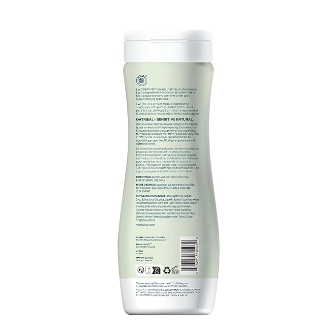 ATTITUDE Hair Shampoo for Sensitive Dry Scalp, EWG Verified, Soothing Oat, Dry and Damaged Hair, Naturally Derived Ingredients, Vegan and Plant-Based, Nourishing, Avocado Oil, 16 Fl Oz (Pack of 6)