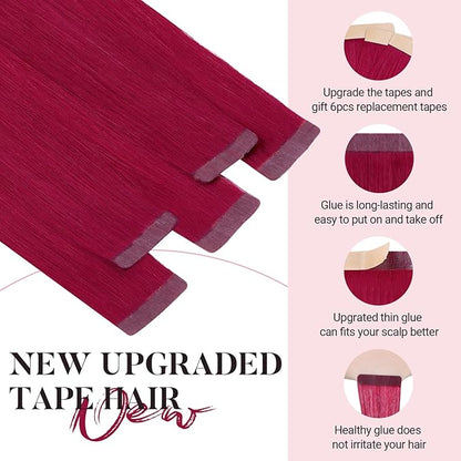 MAXITA Tape in Hair Extensions Human Hair Burgundy Red Tape in Extensions 10pcs 30g 20 Inch Colored Invisible Real Human Hair Extension Soft Straight Wine Red Glue in Hair Burgundy Hair Extensions