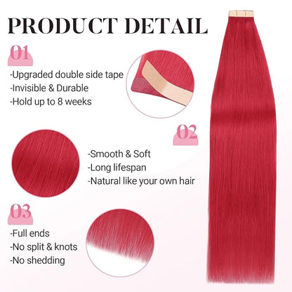 MAXITA Tape in Hair Extensions Human Hair Red Hair Extensions Tape ins, 10pcs 30g 22 Inch Colored Party Highlight Tape in Extensions Straight Soft Real Human Hair Extension