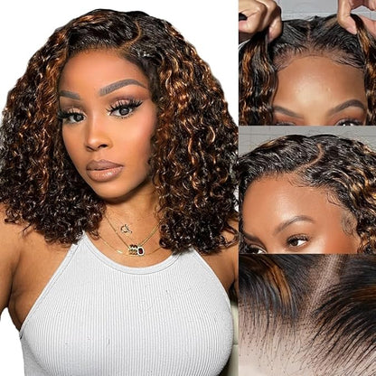 Glueless Wigs Human Hair Pre Plucked Pre Cut 1b/30 Lace Front Wigs Human Hair Wear And Go Ombre Deep Wave Wig 7x5 Pre Everything Highlight Curly Short Bob Wig Human Hair 180% Density 14inch