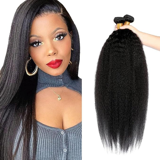 #1B Human Hair Bundles Yaki Straight Bundles 22 24 Inch 2 Bundles Unprocessed Brazilian Virgin Hair Weave 50 Grams Per Bundle kinky Straight Bundle Human Hair Extensions Natural Color