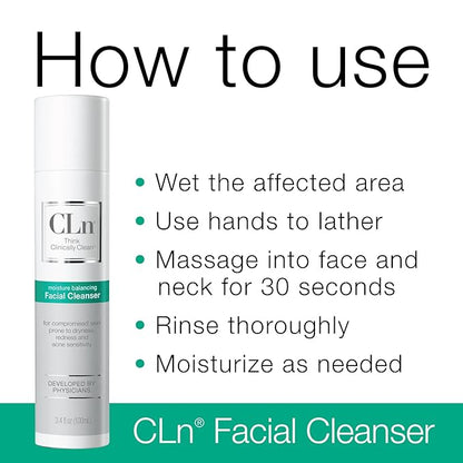 CLn® Facial Cleanser - Hydrating Facial Cleanser with Glycerin, For Skin Prone to Dryness, Eczema, Redness, Irritation & Acne Sensitivity, Fragrance-Free & Paraben-Free, 3.4 fl. oz.