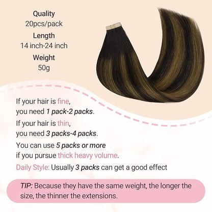 MAXITA Tape in Hair Extensions Human Hair 18 inch 50g 20pcs Balayage Dark Brown to Chestnut Brown Real Human Hair Extensions Real Remy Seamless Straight Hair Extensions for Women