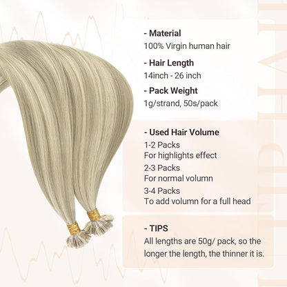 MAXITA U Tip Hair Extensions Human Hair, Ash Blonde Highlighted Platinum Blonde Hair Extensions Real Human Hair, 50g/50 Strands/Pack, 18 In Virgin Human Hair