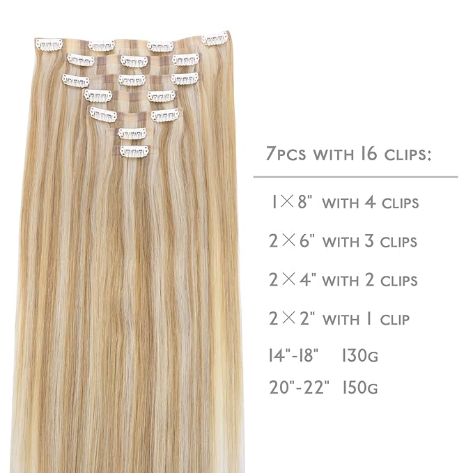 WENNALIFE Seamless Clip In Hair Extensions, 22 Inch 150g 7pcs Dirty Blonde Highlighted Bleach Blonde Hair Extensions Clip in Human Hair Invisible PU Skin Weft Natural Remy Human Hair Extensions