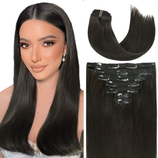 Caliee 16Inch Hair Extensions Clip in Human Hair Color 1B Natural Black Silky Straight Hair Clip in Extensions Seamless Invisible Double Weft Full Head for Woman 120G