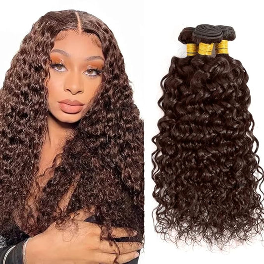 Color 4 Bundles Human Hair Dark Brown Water Wave Bundle Niegmeag Peruvian Virgin Soft and Silky Remy Hair 3 Bundles 16 16 16 Inch Double Weft Hair Weave