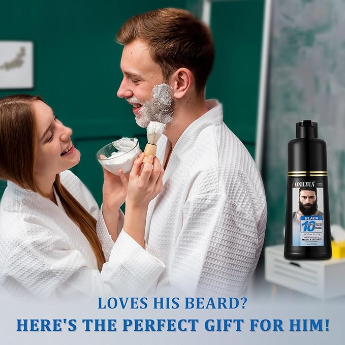 Men’s Beard Dye Black in 10 Mins, Instant Beard Color for Men Gray Mustache & Beard Coverage, 3 in 1 Long Lasting Beard Dye Shampoo, Gifts for Men Dad, Quick & Easy to Use
