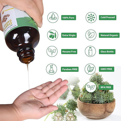 Organic Castor Oil (4.22oz Glass bottle) USDA Certified 100% Pure Natural, Cold Pressed, Hexane Free. Castor Oil for Hair Growth, Thicker Lashes & Fuller Brows